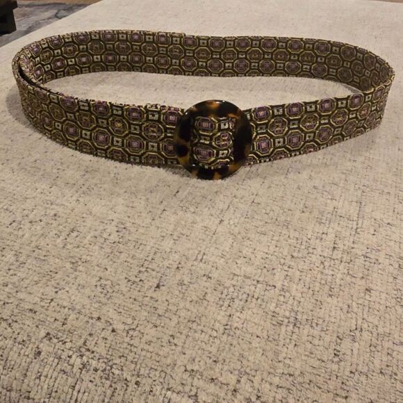 J.CREW Silk Patterned Fabric Belt with a Tortoise Shell O-ring Buckle 44.5" M/L - Picture 2 of 6